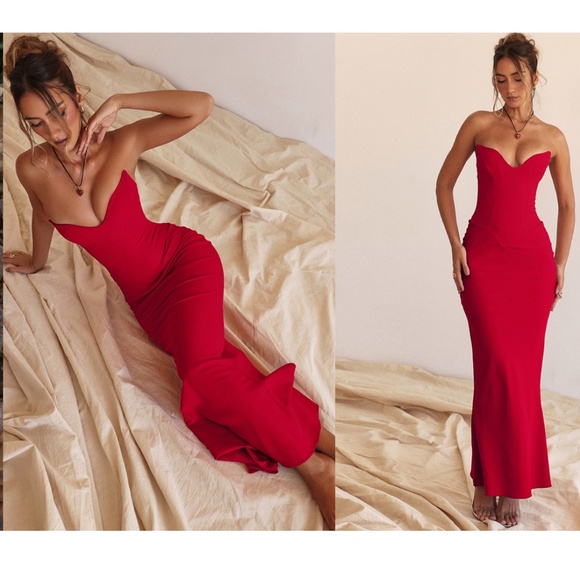 HOUSE OF CB 'Tamara' Cherry RedStrapless Corset Maxi Dress NWOT size S